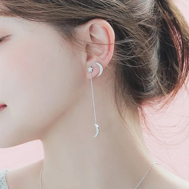 925 Silver Crystal Star Moon Earrings Women Girls Gift