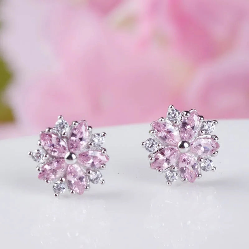 925 Sterling Silver Crystal Flower Earrings for Women Girls