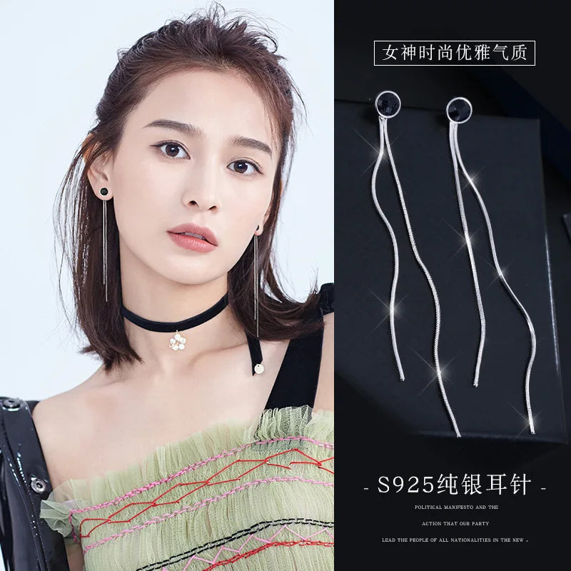 925 Silver Round Long Earrings Women's Statement Jewelry