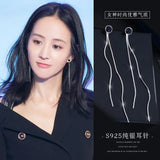 925 Silver Round Long Earrings Women's Statement Jewelry