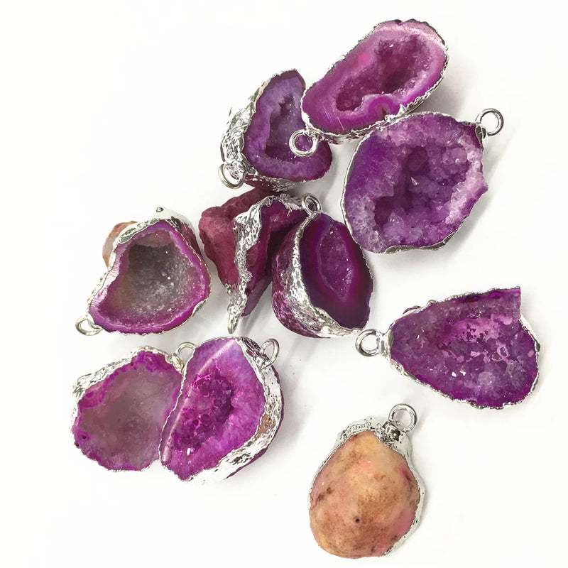 Red Agate Geode Drusy Reiki Necklace Brazilian Electroplated Platinum