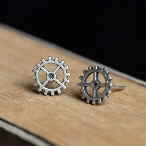 Retro Steampunk 925 Silver Wheel Stud Earrings Punk Jewelry
