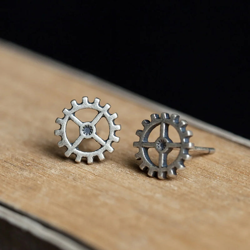Retro Steampunk 925 Silver Wheel Stud Earrings Punk Jewelry