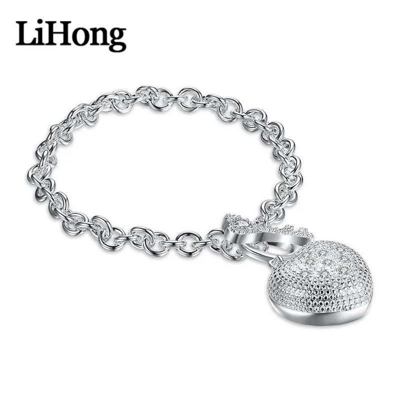 925 Silver Heart Key Wrap Bracelet Crystal Charm Jewelry Gift