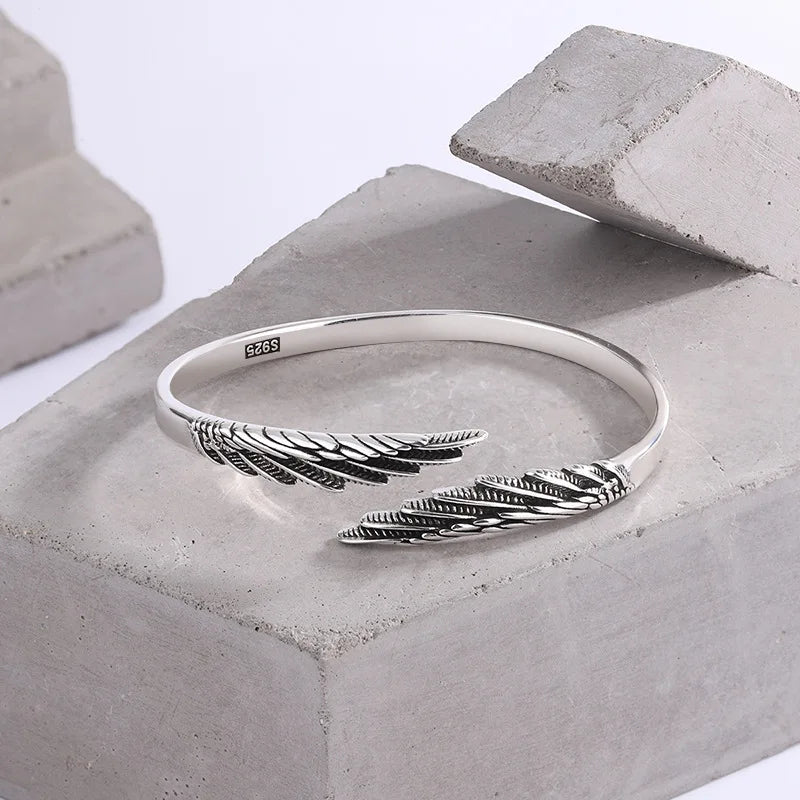Silver Retro Feather Angel Wings Women's Open Bracelet Gift