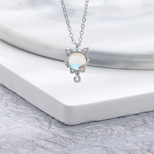 Silver Bowtie Cat Moonstone Pendant Necklace for Women