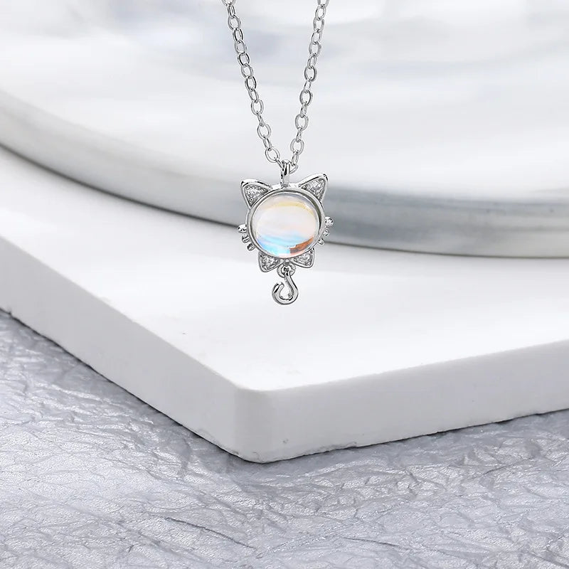 Silver Bowtie Cat Moonstone Pendant Necklace for Women