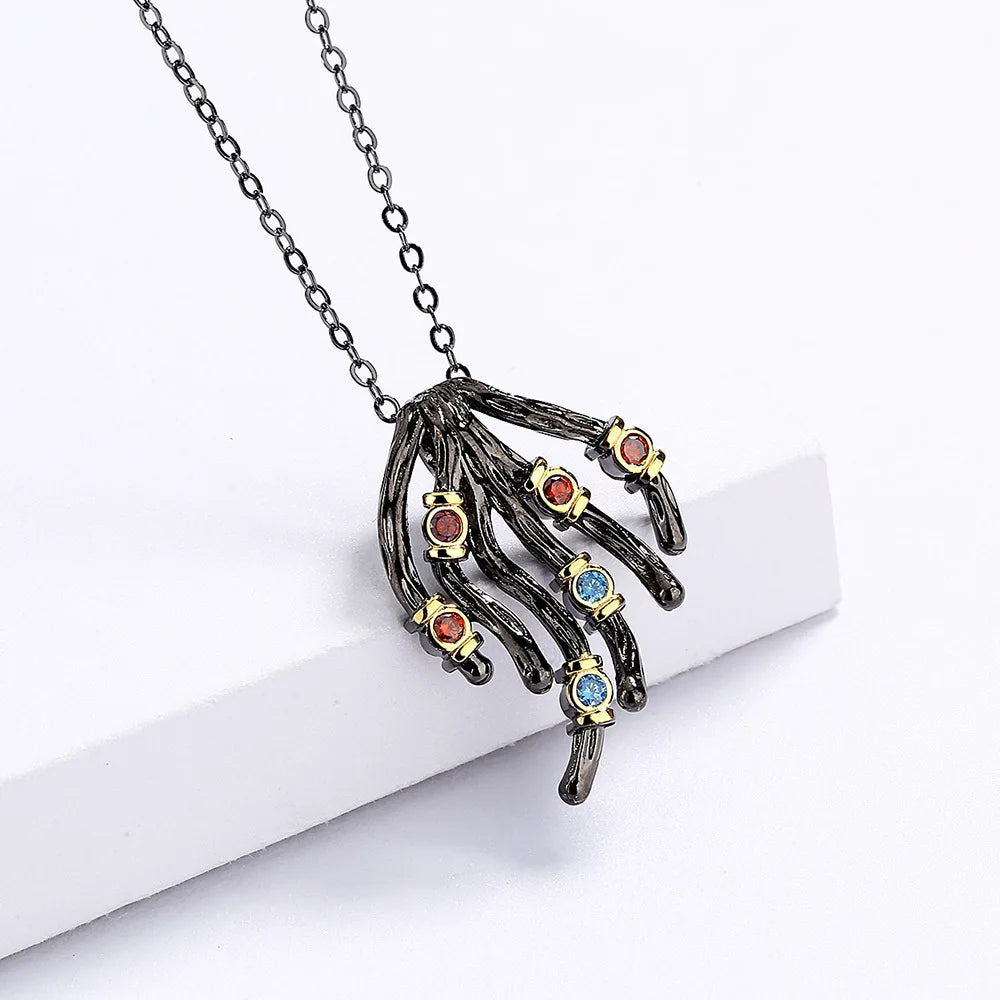 Women's 925 Silver Necklace Irregular Tree Vine Pendant Colored Zircon Jewelry