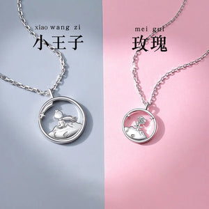 Silver Fresh Rose Little Prince Pendant Couple Necklace