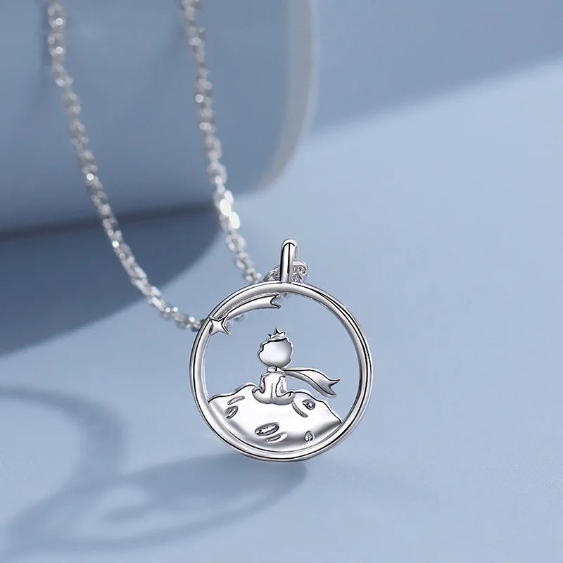 Silver Fresh Rose Little Prince Pendant Couple Necklace