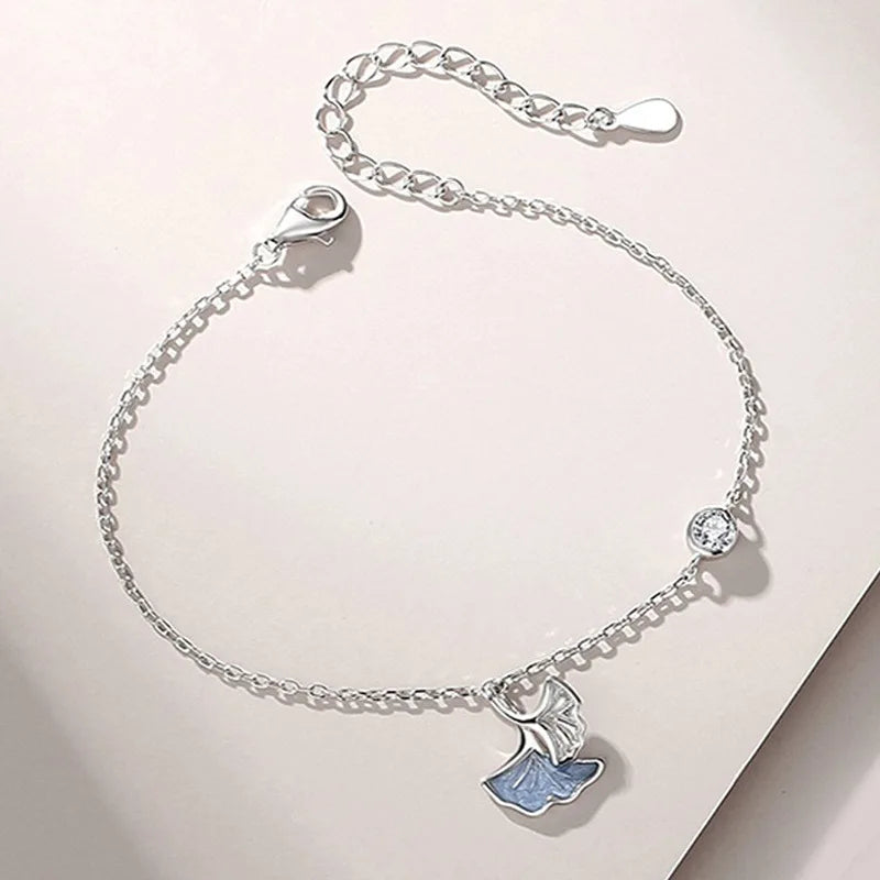 Silver Ginkgo Biloba Long Distance Love Couple Bracelet
