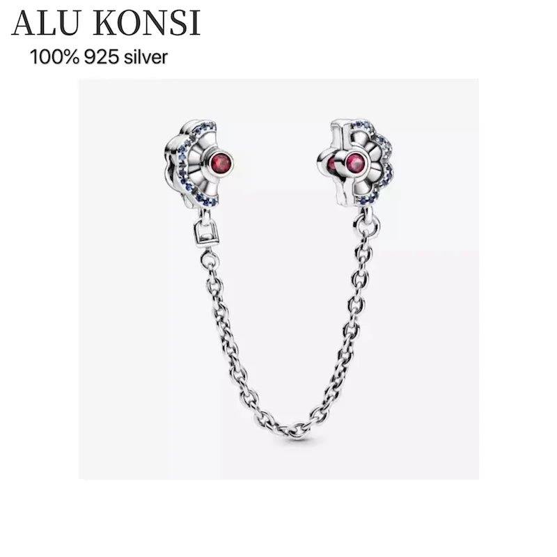925 Sterling Silver Pan Beads Safety Chain Charm Bracelet