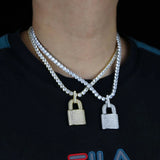 Bling CZ Lock Pendant Necklace Silver 5MM Tennis Chain