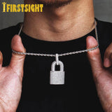 Bling CZ Lock Pendant Necklace Silver 5MM Tennis Chain