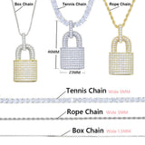 Bling CZ Lock Pendant Necklace Silver 5MM Tennis Chain