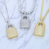 Bling CZ Lock Pendant Necklace Silver 5MM Tennis Chain