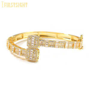 Iced Out Bling Square Zircon Charm Bracelet Silver Bangle