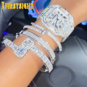 Iced Out Bling Square Zircon Charm Bracelet Silver Bangle