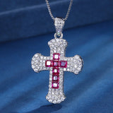 Red Crystal Cross Pendant Necklace Iced Out Bling Silver Jewelry