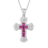 Red Crystal Cross Pendant Necklace Iced Out Bling Silver Jewelry