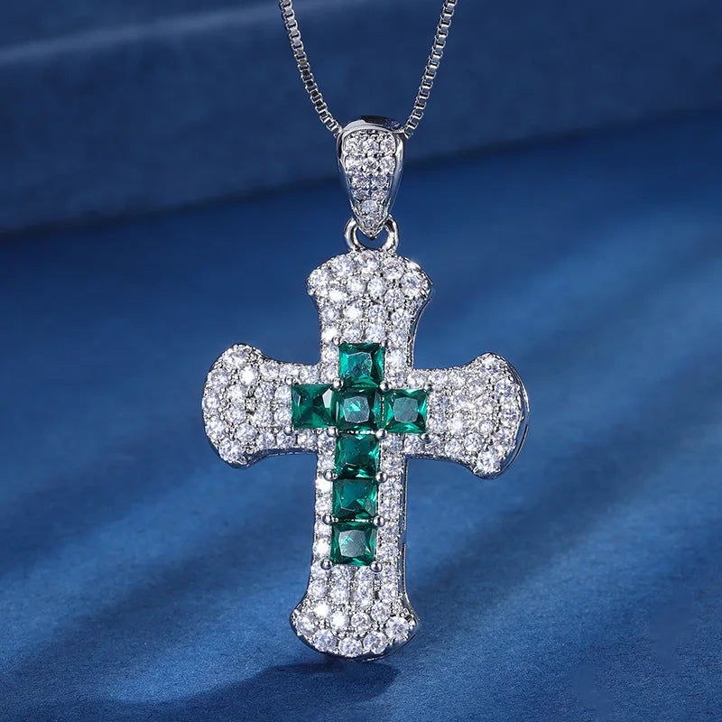 Red Crystal Cross Pendant Necklace Iced Out Bling Silver Jewelry