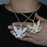 Zircon King Bald Eagle Pendant Necklace Double Gun Charm Men Hip Hop Jewelry