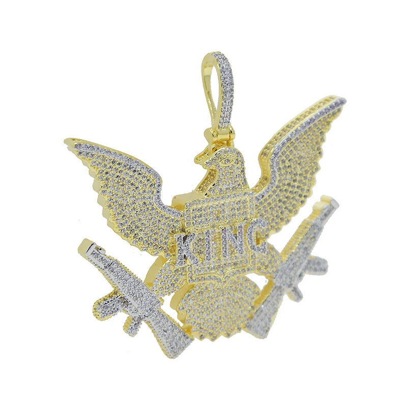 Zircon King Bald Eagle Pendant Necklace Double Gun Charm Men Hip Hop Jewelry