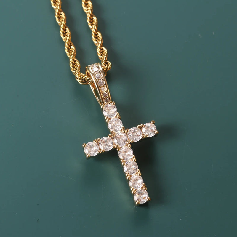 Iced Zircon Baguette Cross Chain Men's Hip hop Jewelry Silver CZ Pendant