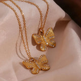 Pearl Zircon Butterfly Pendant Necklace Stainless Steel Women Jewelry