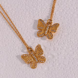 Pearl Zircon Butterfly Pendant Necklace Stainless Steel Women Jewelry