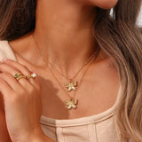 Pearl Zircon Butterfly Pendant Necklace Stainless Steel Women Jewelry