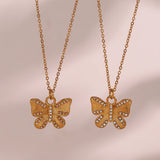 Pearl Zircon Butterfly Pendant Necklace Stainless Steel Women Jewelry