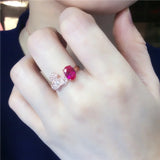 Red Gemstone Crystal Flower Engagement Ring 14K Rose Plated