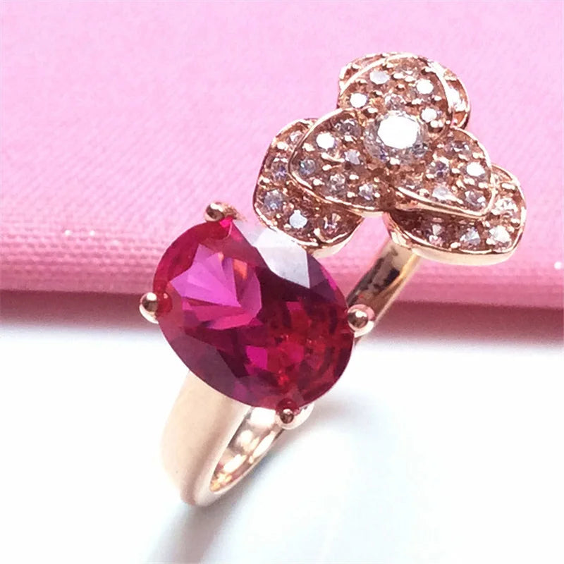 Red Gemstone Crystal Flower Engagement Ring 14K Rose Plated