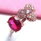 Red Gemstone Crystal Flower Engagement Ring 14K Rose Plated