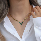 Stainless Steel Snake Chain Necklace with Green Malachite Shell Chevron