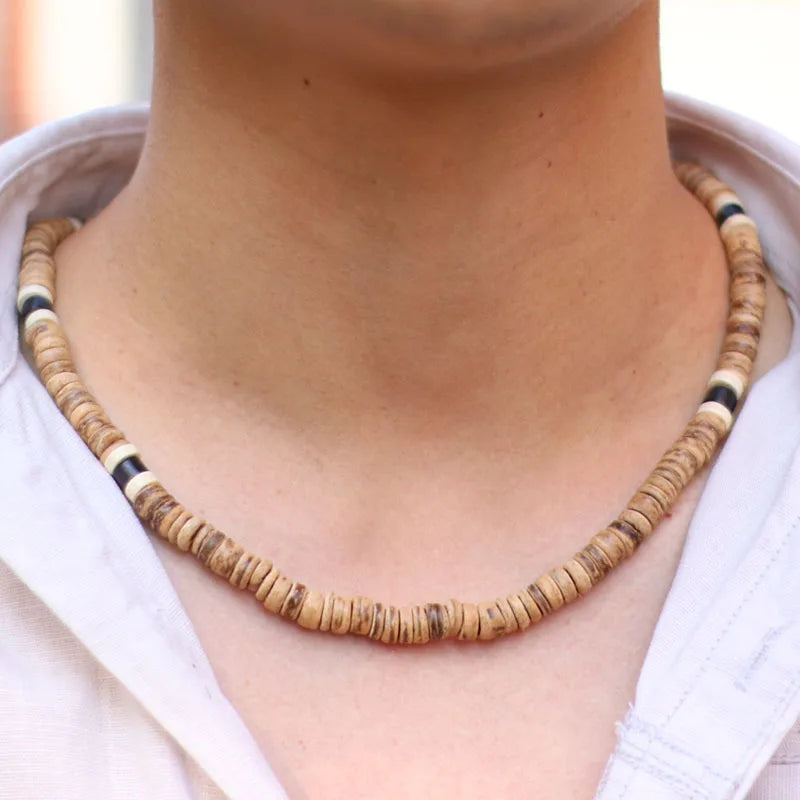 Men's Natural Wood Necklace Vintage Stone Choker 19 Inches