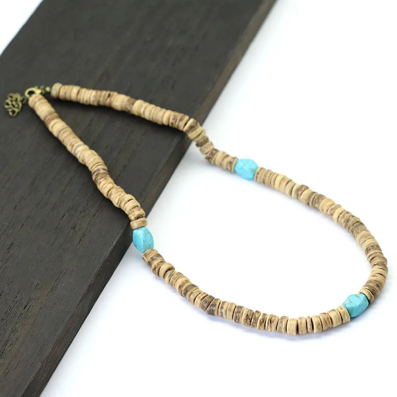 Men's Natural Wood Necklace Vintage Stone Choker 19 Inches