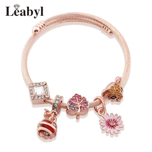 Steel Flower Pendant Charm Bangle DIY Bracelet