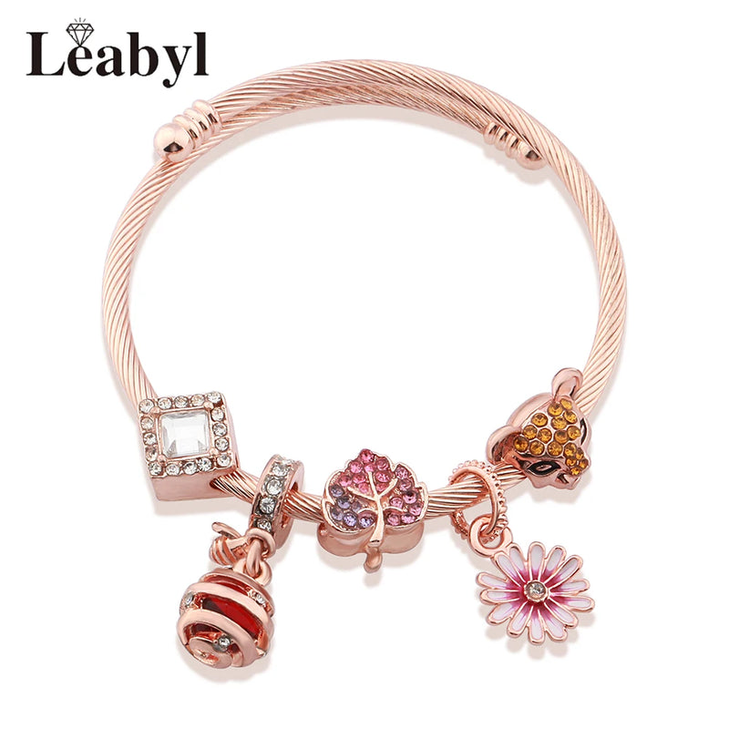 Steel Flower Pendant Charm Bangle DIY Bracelet