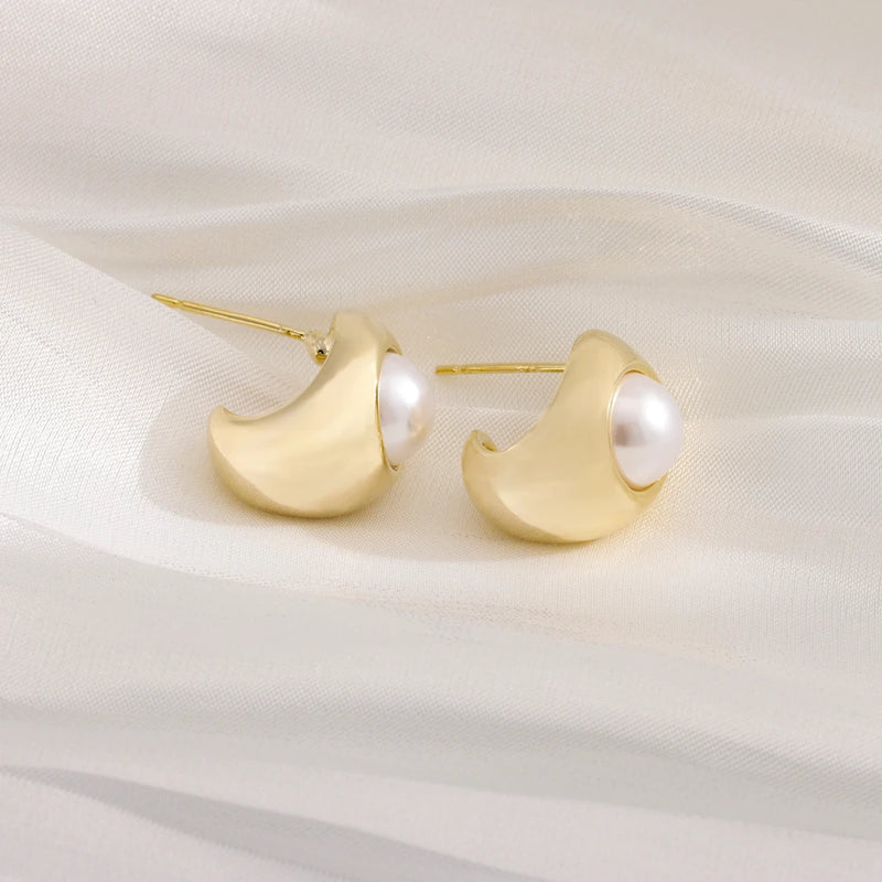 18K Plated Pearl Earrings Women's Stud Jewelry