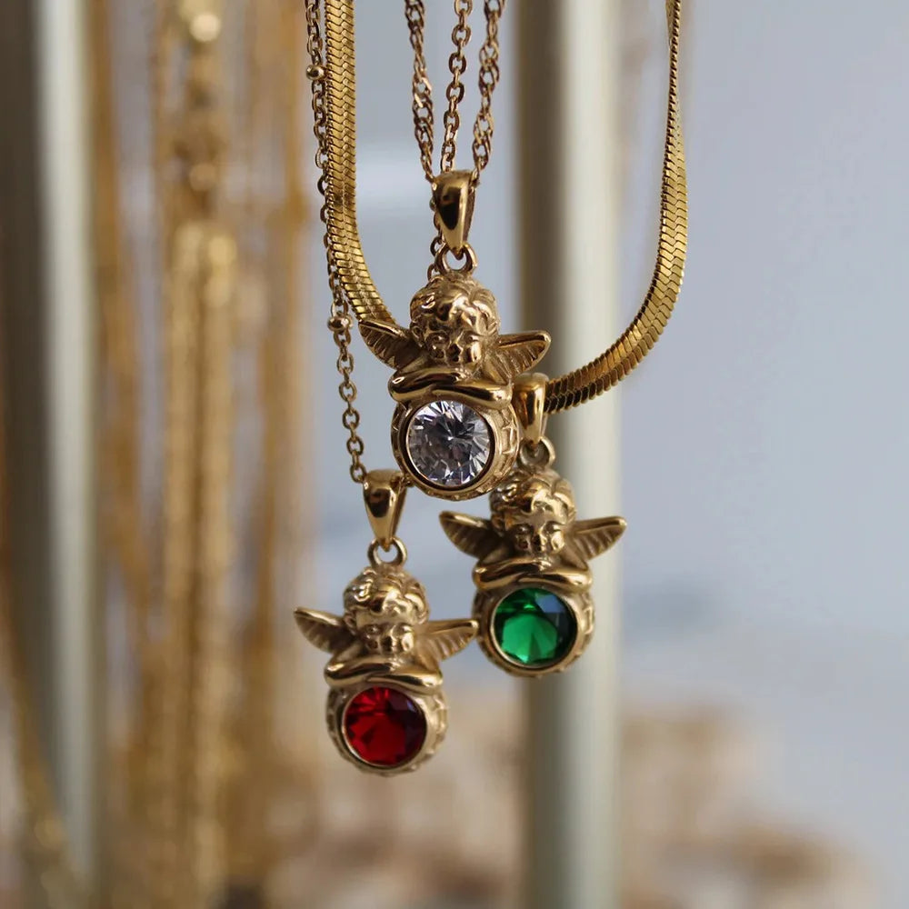 Vintage Angel Zircon Necklace for Women Stainless Steel Choker
