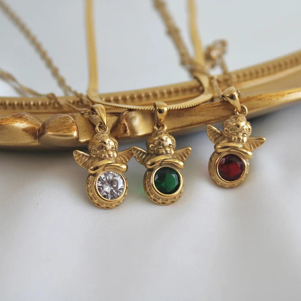 Vintage Angel Zircon Necklace for Women Stainless Steel Choker