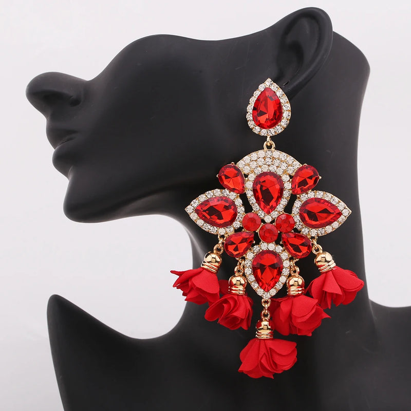 Flower Tassel Earrings Rhinestone Crystal Statement Jewelry Gift