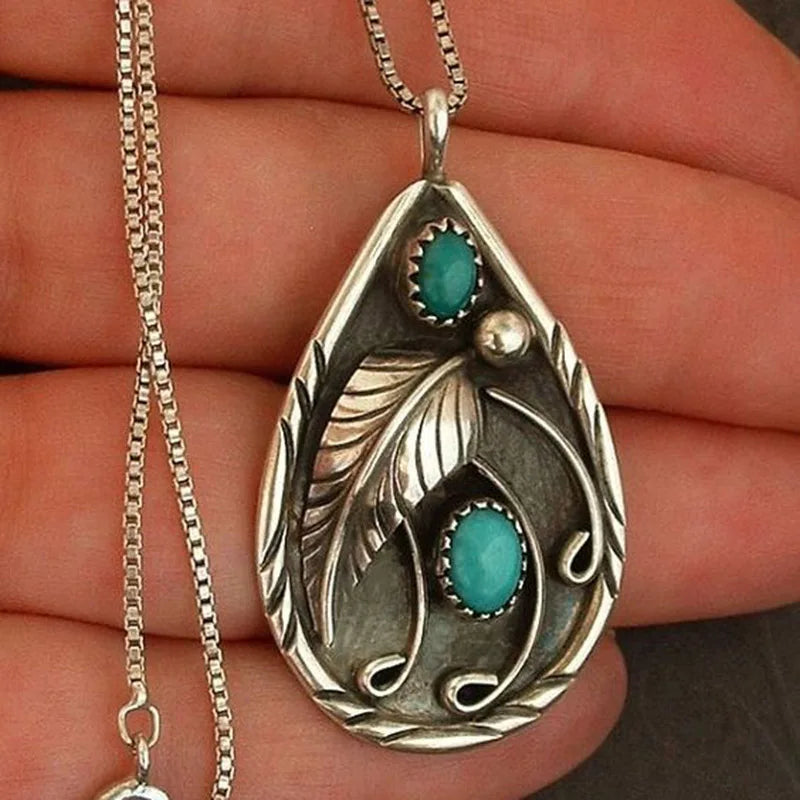 Vintage Turquoise Feather Pendant Necklace for Women