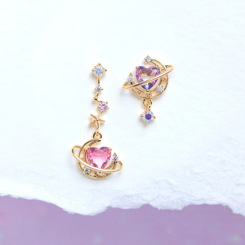 Asymmetric Moon Heart Earring Gold-plated Pink Zircon Studs