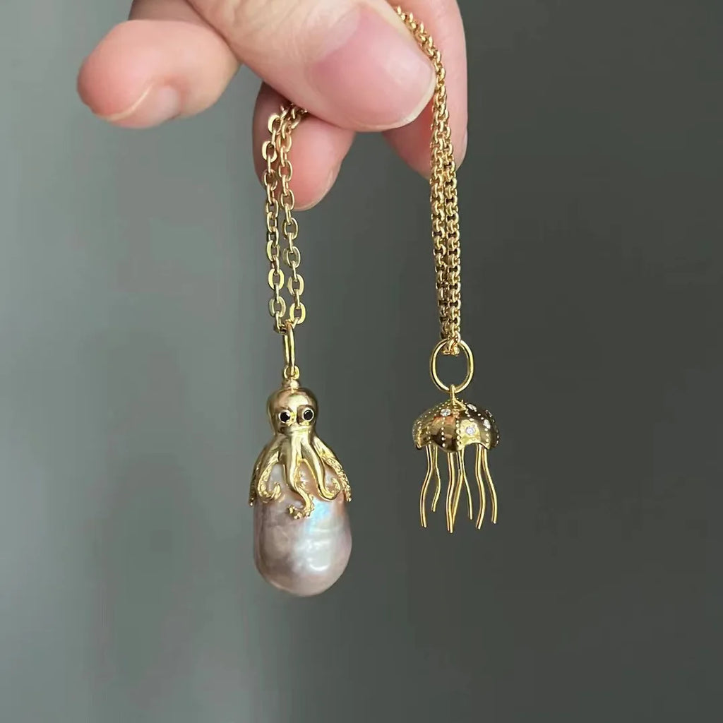 Marine Octopus Jellyfish Pendant Necklace Vintage Natural Pearl Jewelry
