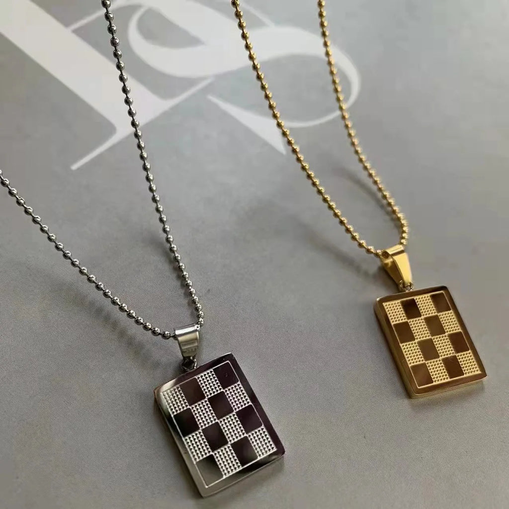 Vintage Stainless Steel Chess Lattice Pendant Necklace