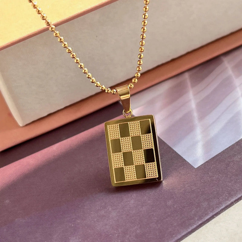 Vintage Stainless Steel Chess Lattice Pendant Necklace
