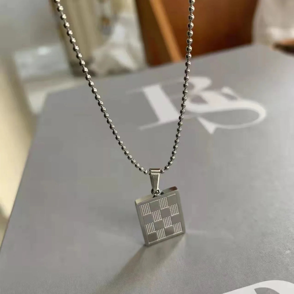 Vintage Stainless Steel Chess Lattice Pendant Necklace
